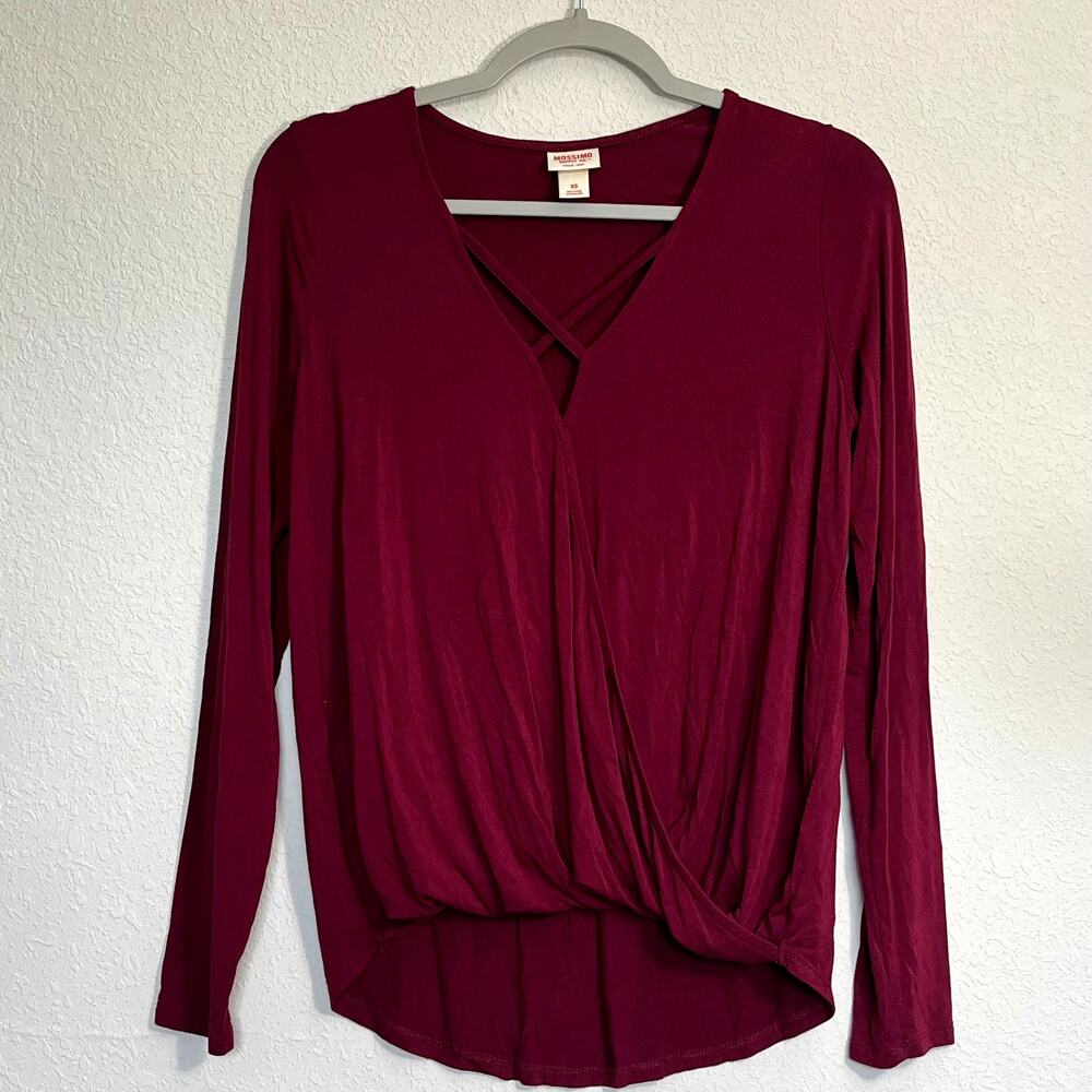 MOSSIMO Supply Co Maroon Criss Cross Long Sleeve Wrap Top XS Vampy Drape Relaxed